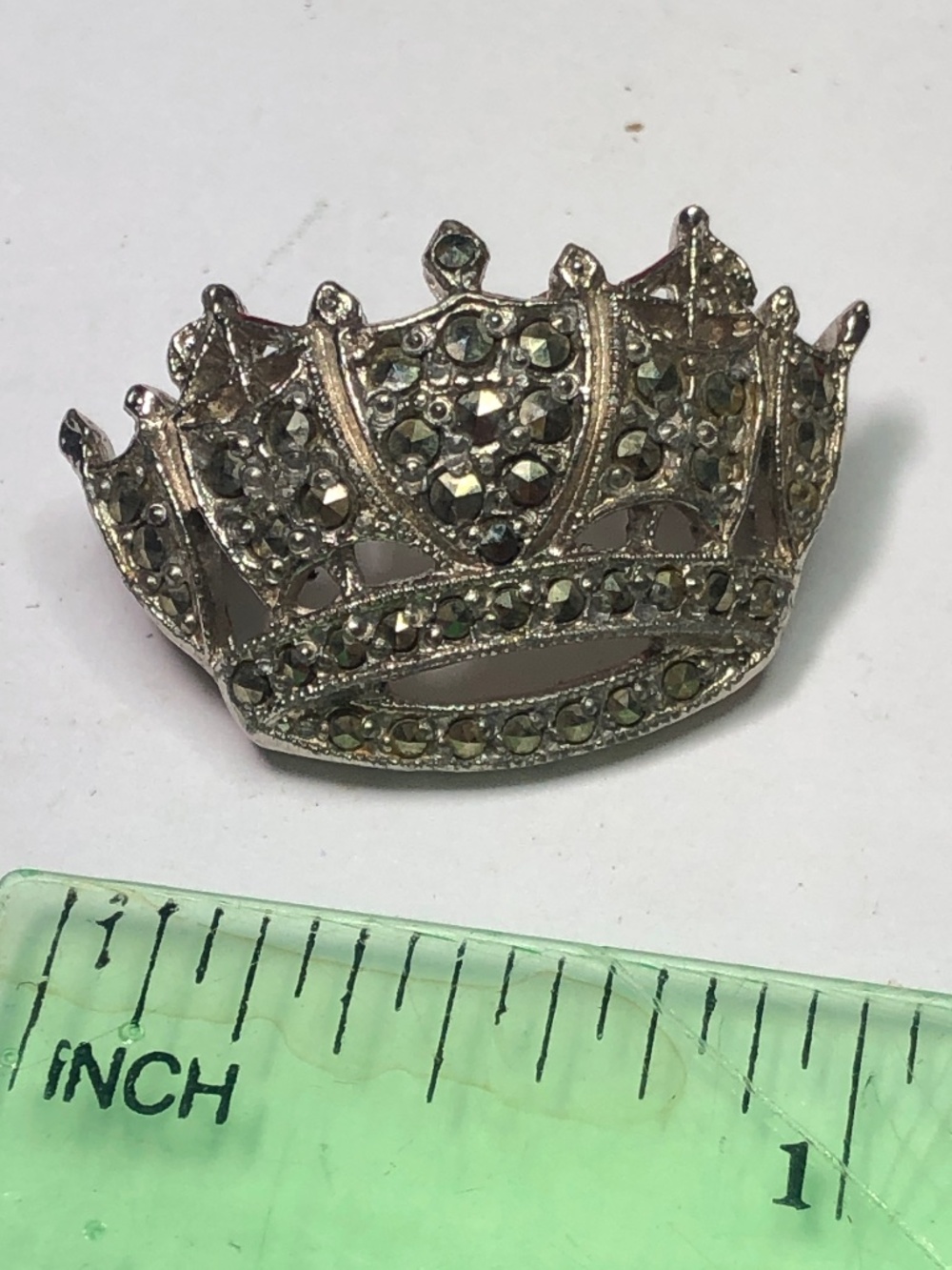 Antique Crown brooch Marcasite silver tone 1”